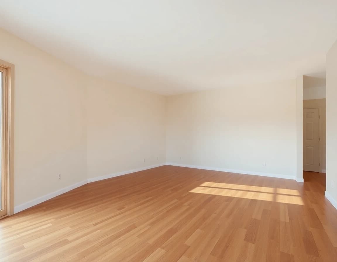 Uma sala de estar vazia sem móveis, com paredes nuas e piso de madeira, antes do planejamento com IA
