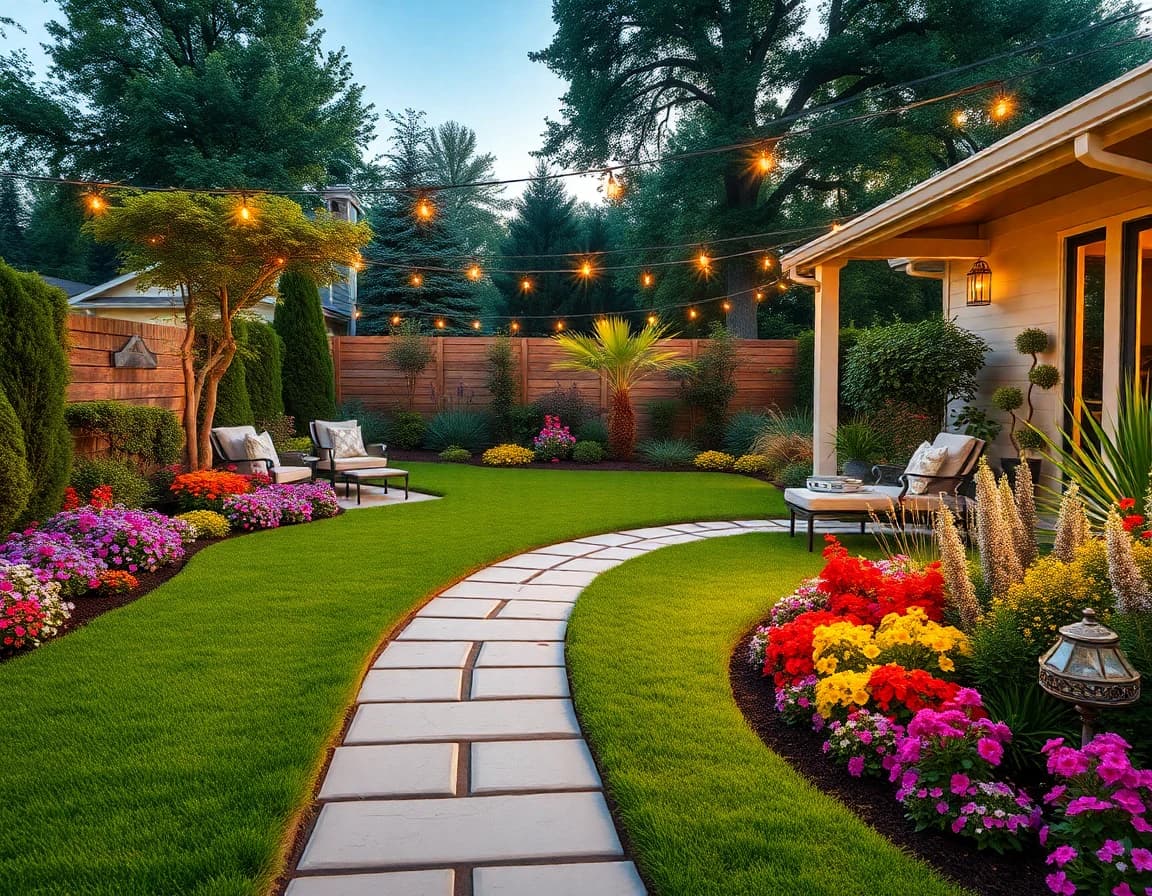 O mesmo quintal transformado pela IA num jardim paisagístico com um caminho em pedra, canteiros de flores e luzes decorativas