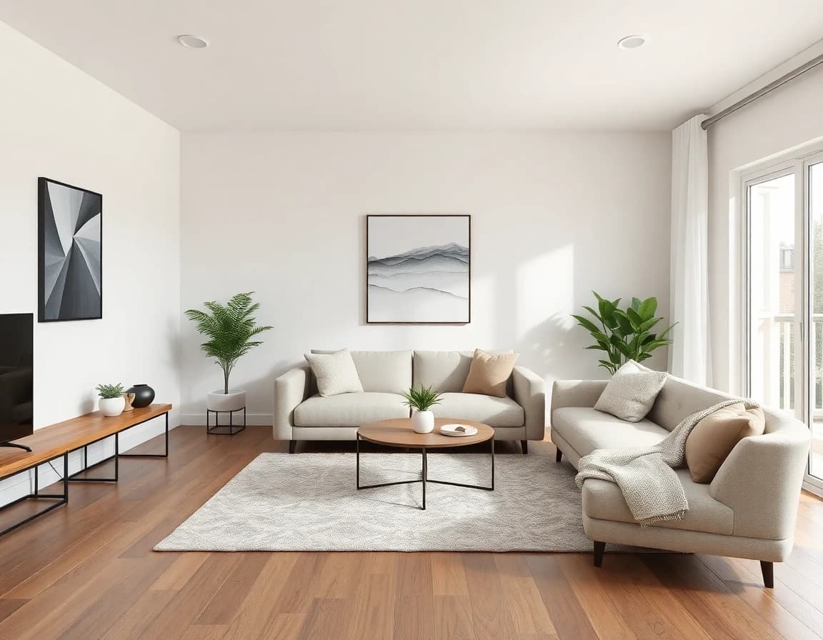 La même photo d'annonce mise en scène virtuellement par l'IA avec des meubles modernes, un tapis et des œuvres murales