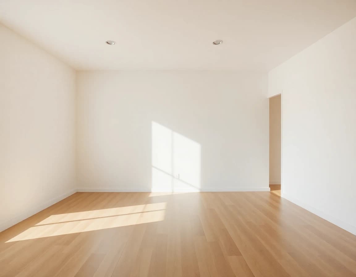 Un salon vide à vendre, avec des murs nus et sans meubles, avant un home staging virtuel par IA