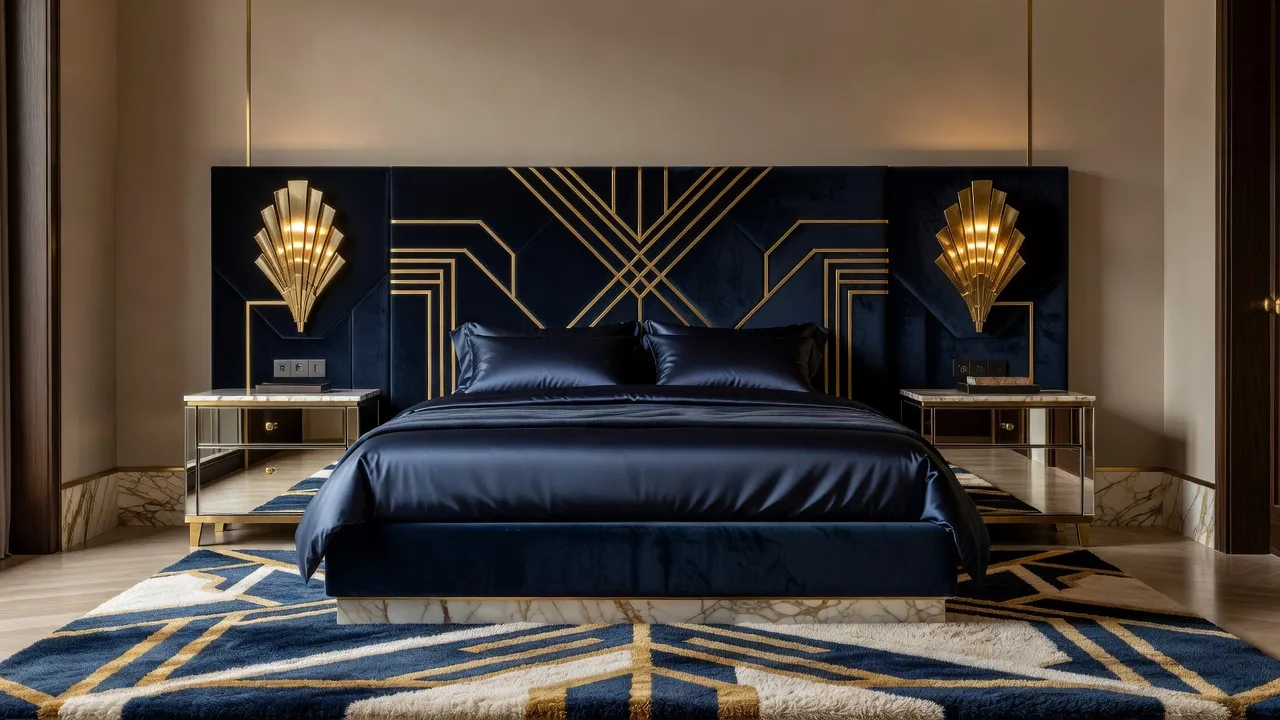 Ein fotorealistisches Art-déco-Schlafzimmer mit einem marineblauen Samtkopfteil, goldenen geometrischen Intarsien, verspiegelten Nachttischen und fächerförmigen Wandleuchten