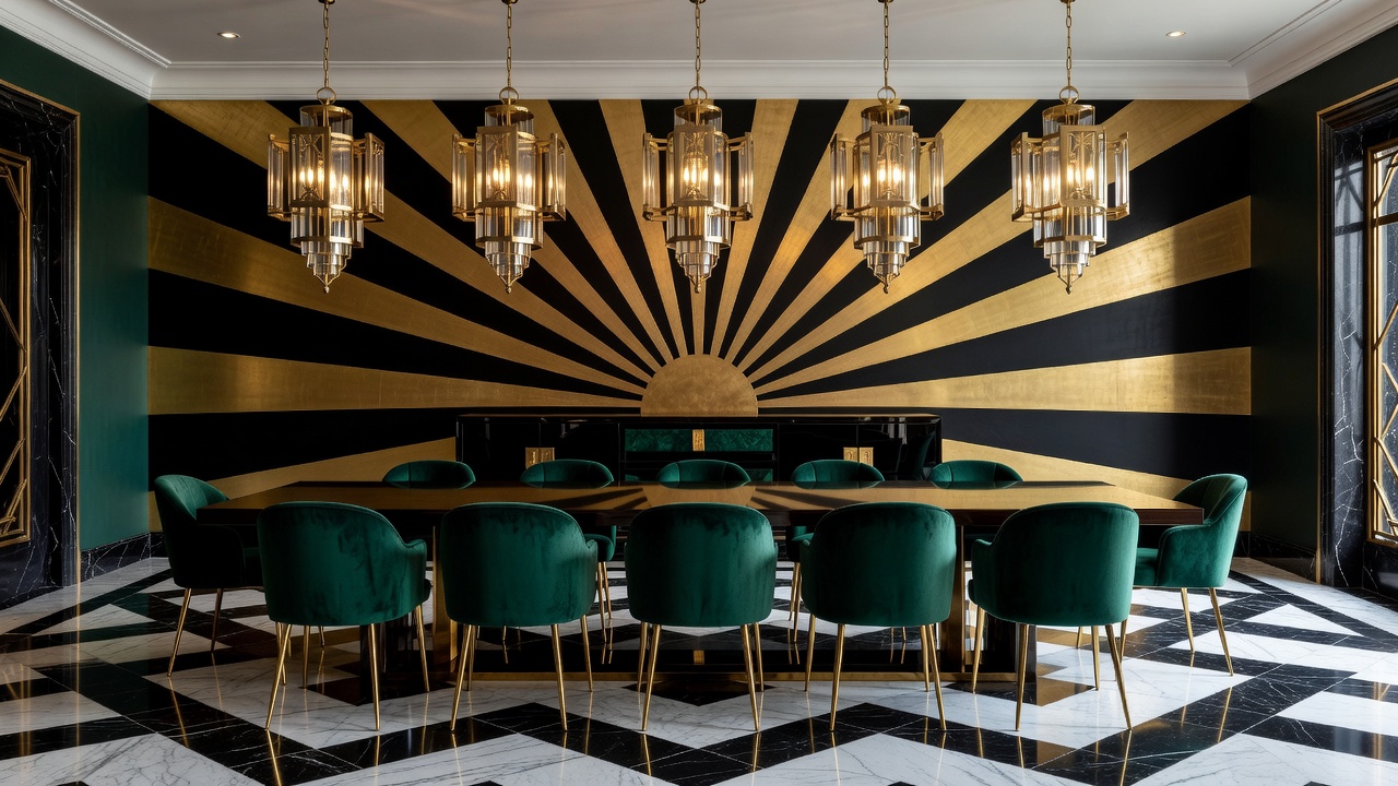 Un comedor Art Déco fotorrealista con suelo de mármol en blanco y negro, lámparas colgantes de latón, sillas de terciopelo festoneadas y acentos en esmeralda y oro
