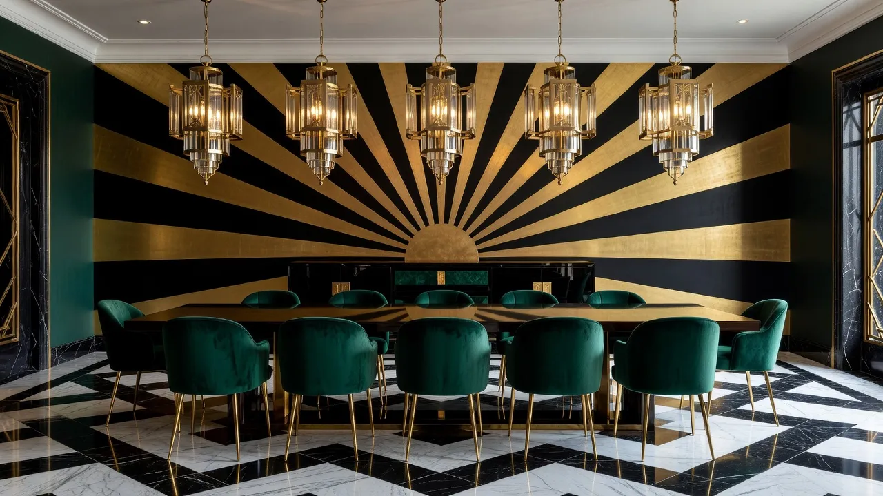 Ein fotorealistisches Art-déco-Esszimmer mit einem schwarz-weißen Marmorboden, Messing-Pendelleuchten, geschwungenen Samtstühlen sowie Smaragd- und Goldakzenten