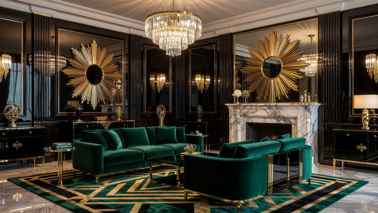 Un salón Art Déco fotorrealista con un sofá de terciopelo esmeralda, acentos de latón, un espejo en forma de sol y una lámpara de araña protagonista