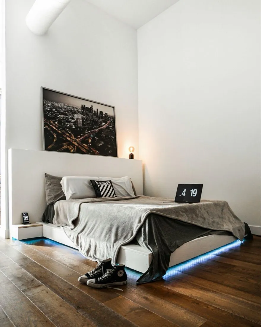 Bed frame visualized within the bedroom using AI