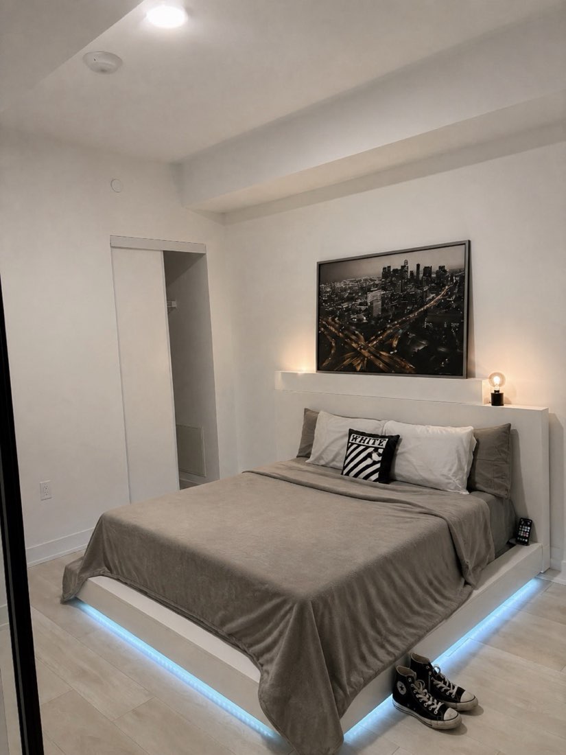 Bed frame visualized within the bedroom using AI