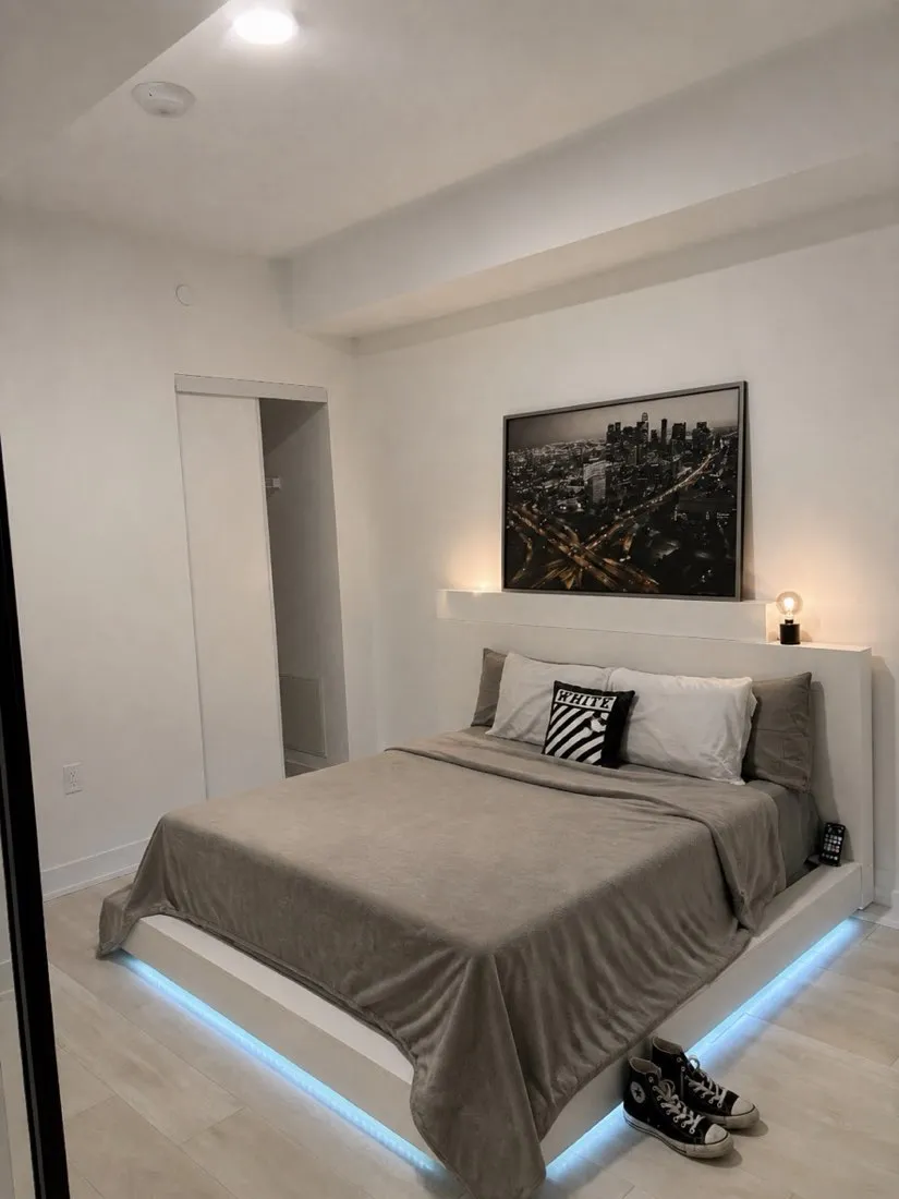 Bed frame visualized within the bedroom using AI