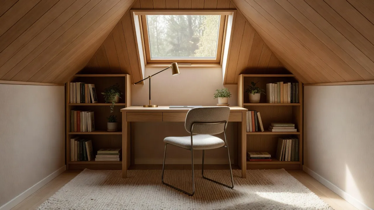 Un bureau à domicile sous combles photoréaliste avec un bureau positionné à l'intérieur d'une fenêtre de lucarne, des étagères intégrées sous les rampants et un éclairage fonctionnel chaleureux, créé avec le design d'intérieur par IA