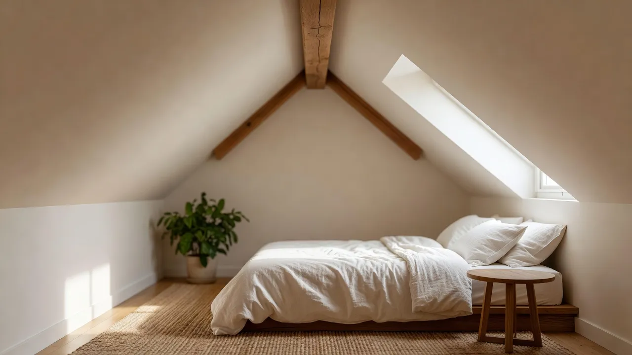 Une chambre sous combles photoréaliste et aménagée avec un lit bas positionné sous le plafond en pente, des poutres en bois apparentes, une fenêtre de lucarne et une décoration neutre et chaleureuse, créée avec le design d'intérieur ia
