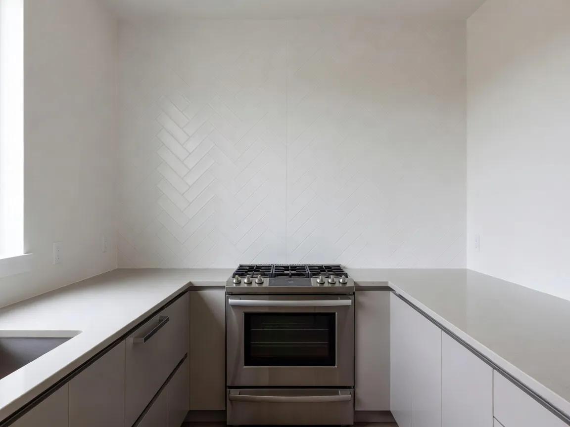 Un primer plano de un salpicadero de azulejo blanco en espiga con lechada gris claro detrás de una cocina, previsualizado con una app visualizadora de salpicadero con IA