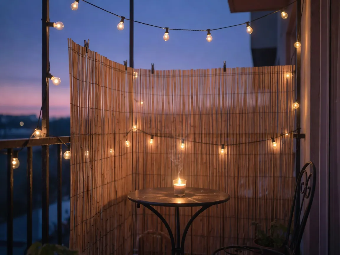 Un balcon photoréaliste en soirée avec un écran d'intimité en bambou le long du garde-corps, des guirlandes lumineuses chaudes et une petite table de bistrot