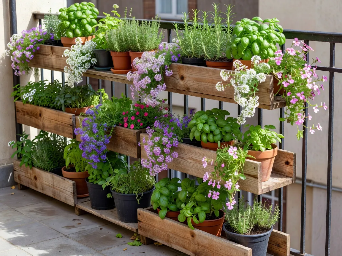 Un jardin en pots de petit balcon photoréaliste avec des jardinières en bois étagées, des herbes aromatiques et des fleurs retombantes le long d'un garde-corps