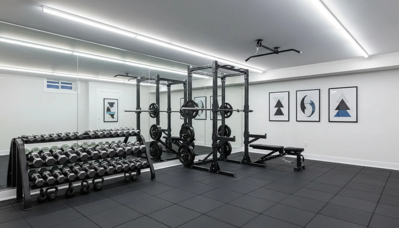 AI basement gym design with rubber tile flooring, mirror wall, dumbbell rack, squat rack, and bright daylight-balanced LED lighting