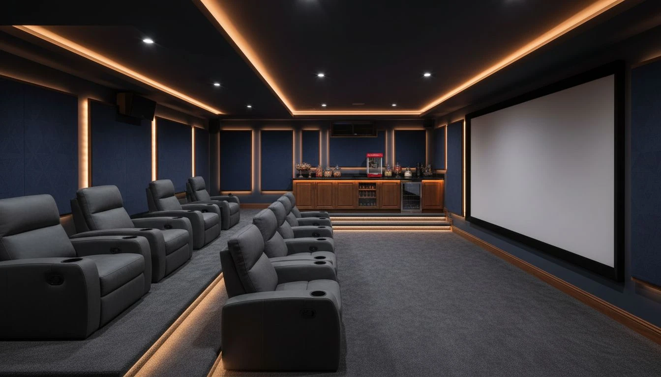 AI basement home theater design with tiered seating in dark gray fabric, large projection screen, acoustic wall panels, and ambient LED cove lighting