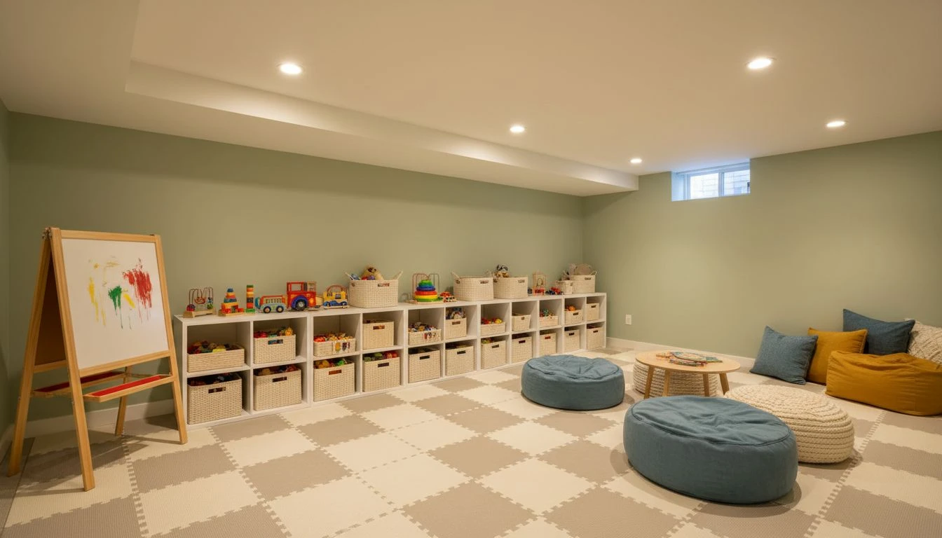 AI basement playroom design with padded floor mats, low open shelving with baskets of toys, art easel, reading nook with bean bags, and washable sage wall paint