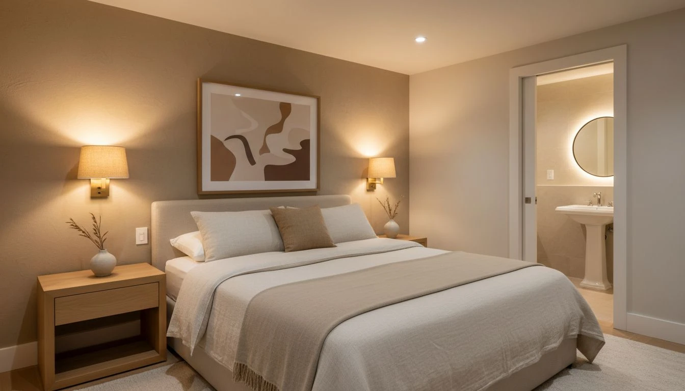 AI finished basement guest suite with queen bed, neutral linen bedding, soft sconce lighting, low nightstands, and warm beige and oak palette
