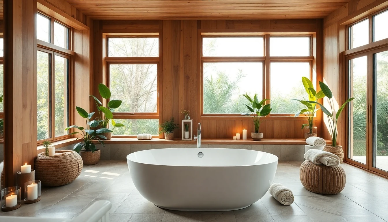 AI design bathroom showing spa-style bathroom with natural wood and freestanding tub