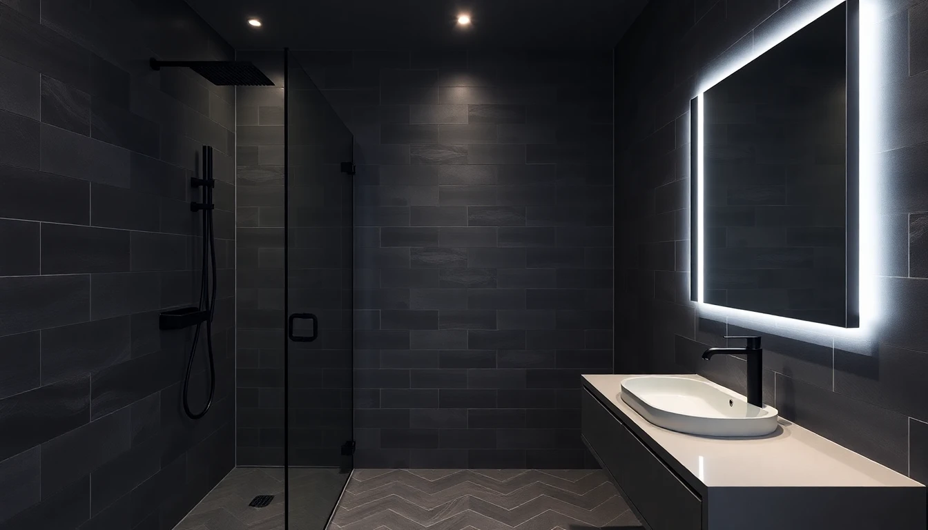 Contemporary bathroom AI design with dark gray tiles and matte black fixtures