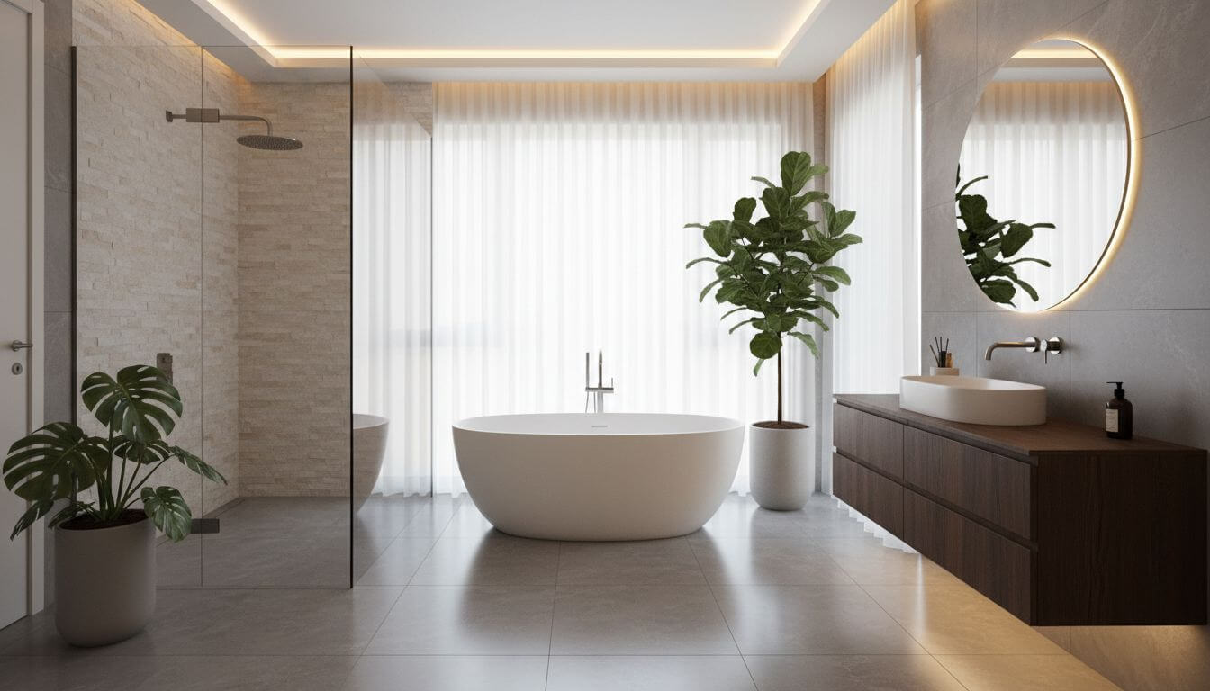 Beautiful modern AI-designed bathroom with elegant fixtures and smart design choices