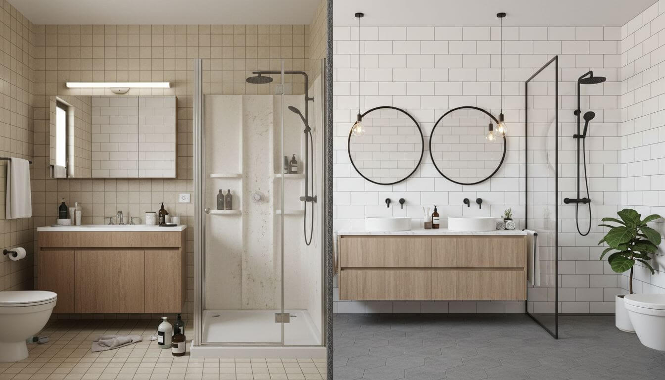 Before and after bathroom transformation showing smart design choices and proper scale