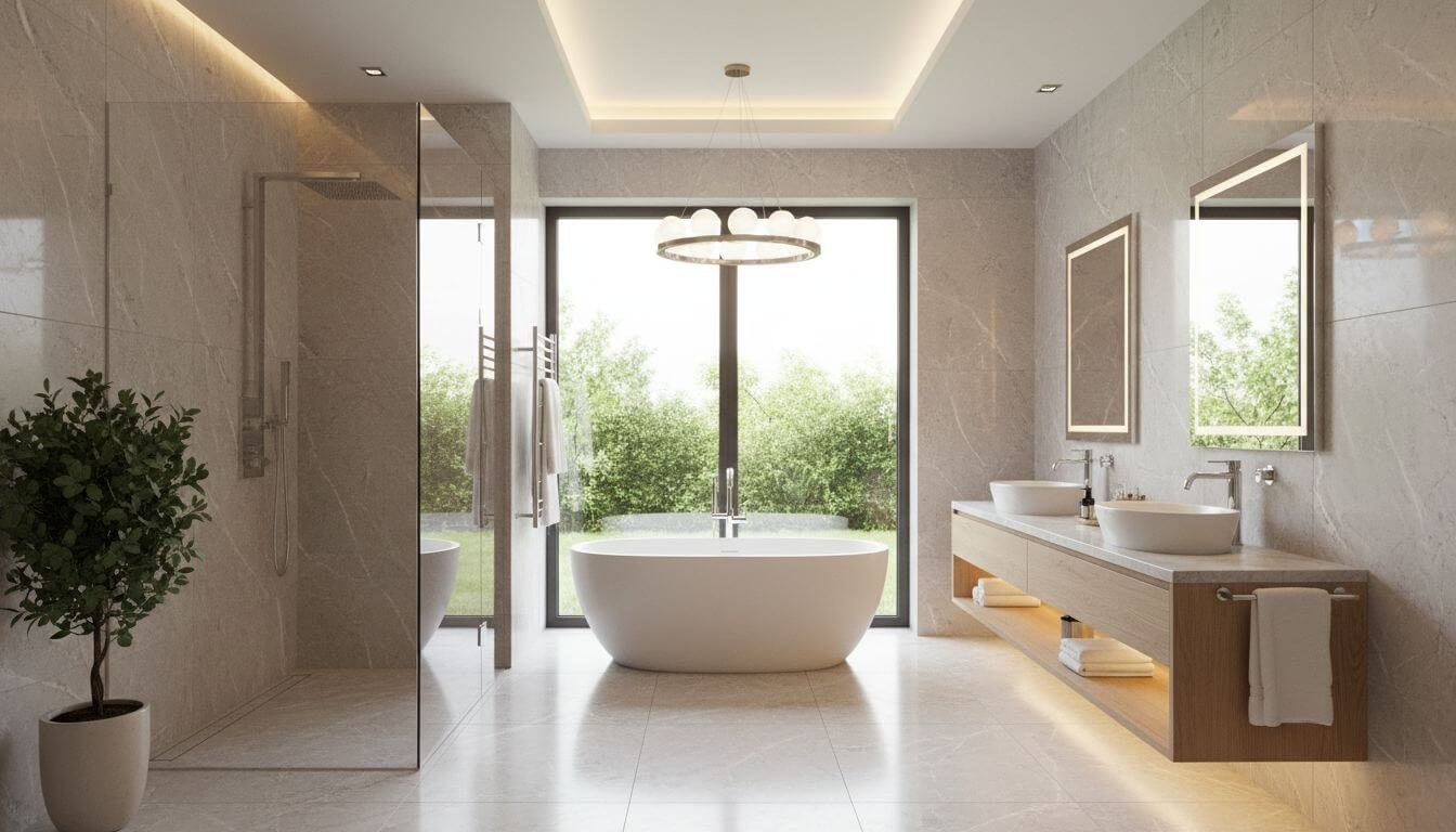 Luxurious modern spa bathroom with freestanding tub, marble tiles, and natural materials