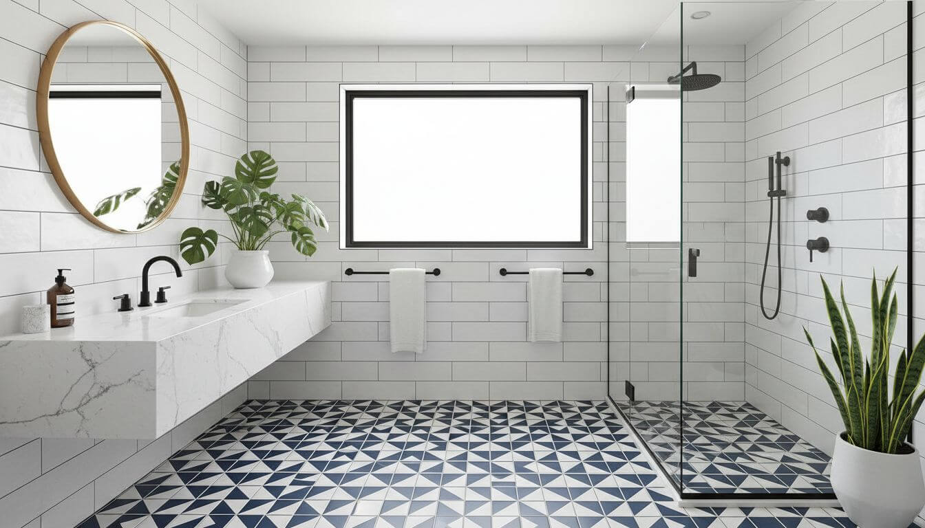 Modern bathroom featuring bold geometric patterned floor tiles with white walls and brass fixtures