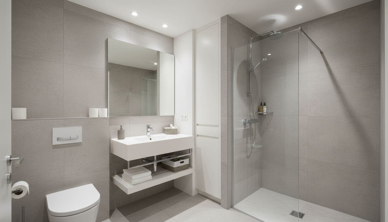 Small bathroom optimized with wall-hung fixtures, large mirror, and light colors to maximize space