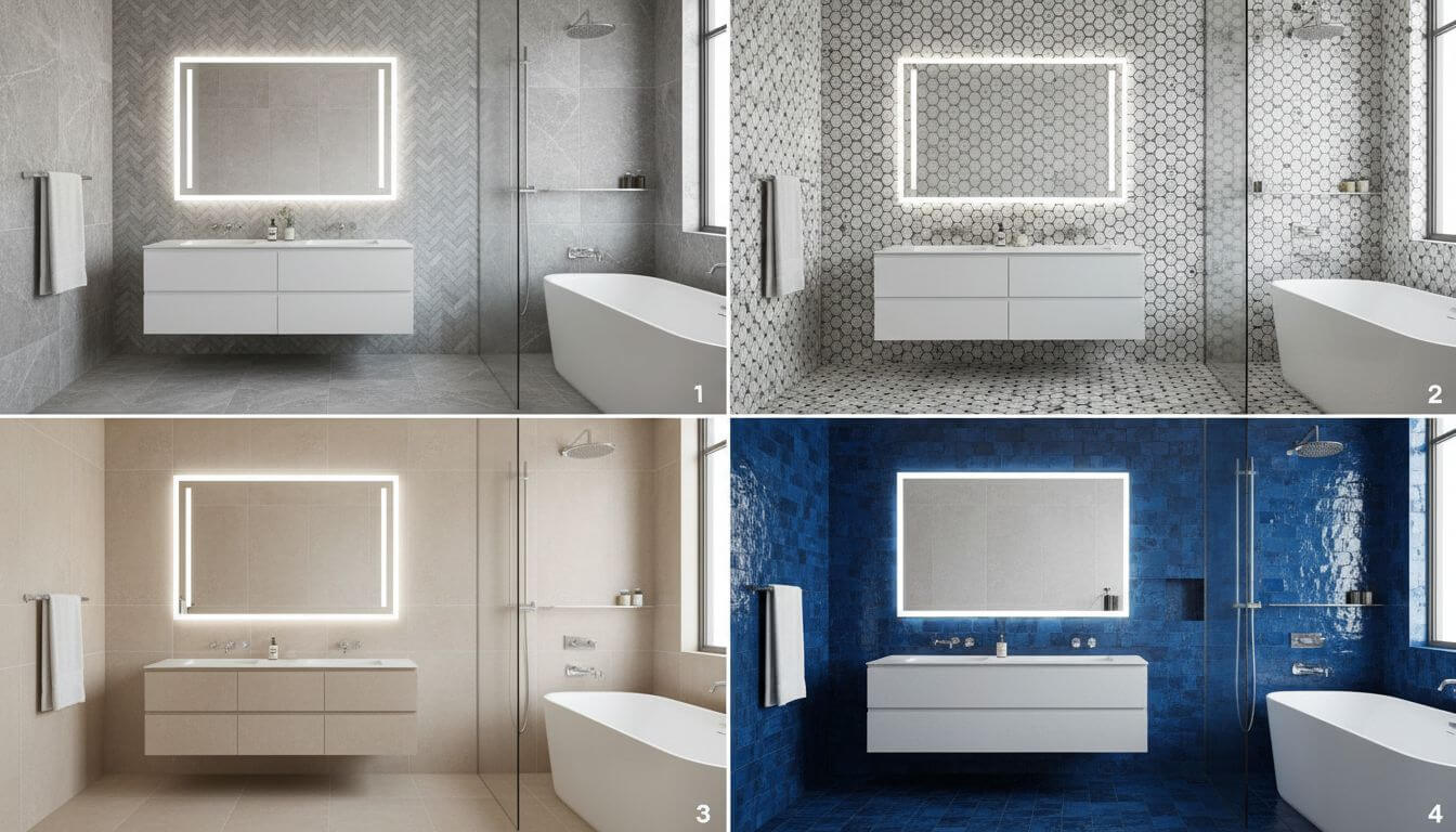 Comparison showing same bathroom with different tile patterns and layouts