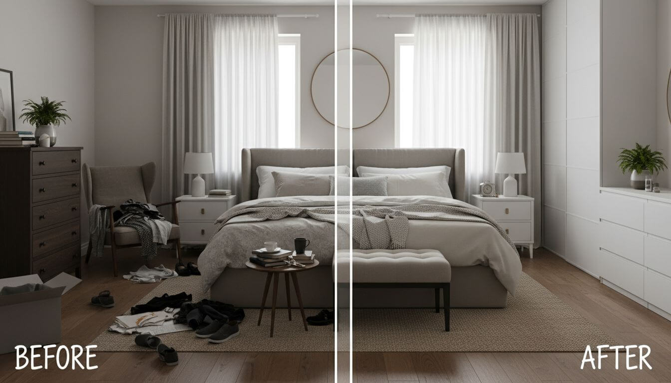 Before and after bedroom transformation showing cluttered space transformed to organized sanctuary