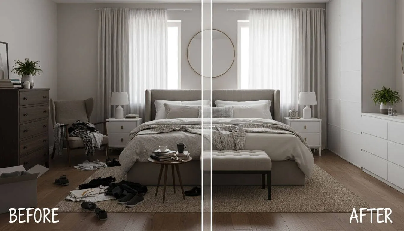 Before and after bedroom transformation showing cluttered space transformed to organized sanctuary
