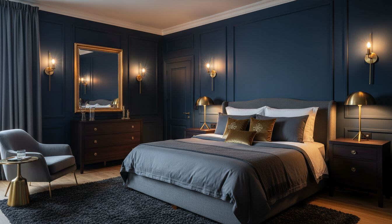 Moody dark bedroom with navy walls, brass accents, and layered lighting