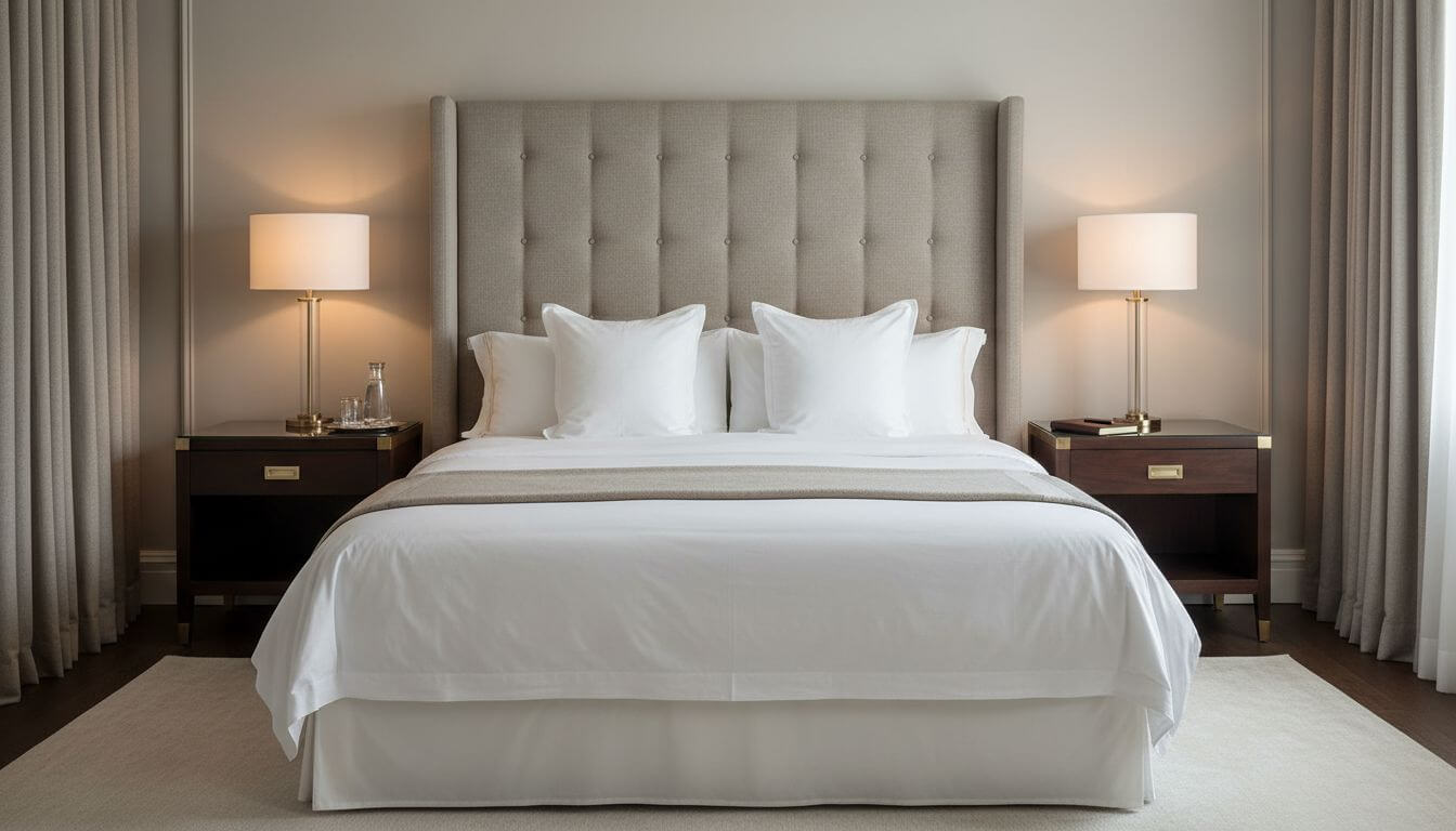 Luxury hotel-inspired bedroom with upholstered headboard, crisp white linens, and elegant lighting