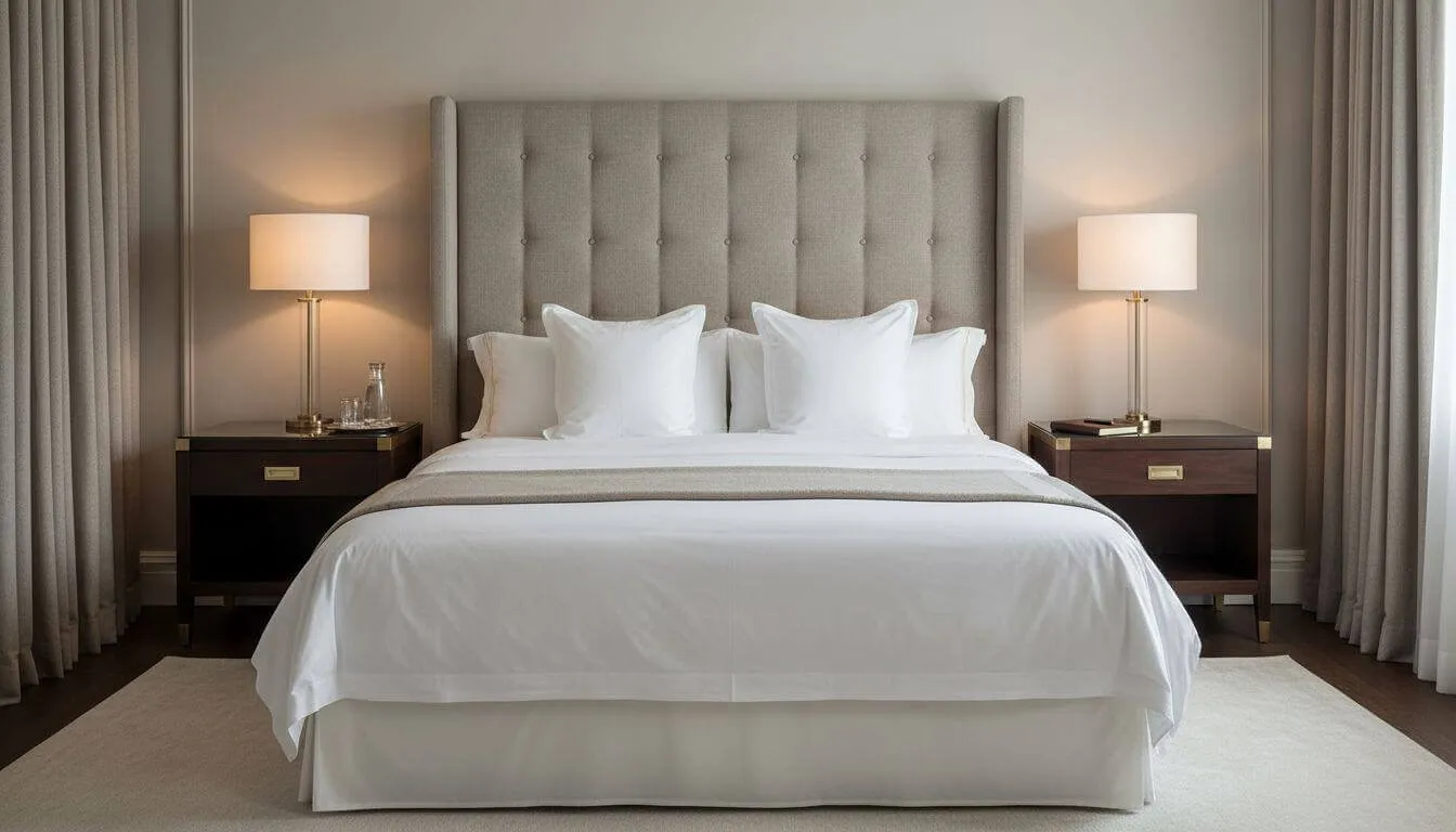 Luxury hotel-inspired bedroom with upholstered headboard, crisp white linens, and elegant lighting