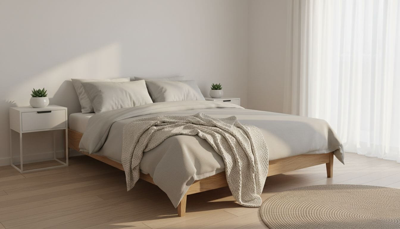 Scandinavian bedroom design with white walls, light wood furniture, and cozy textiles