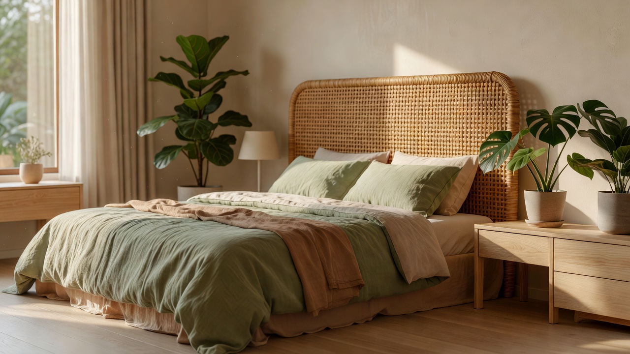 Ein fotorealistisches biophiles Schlafzimmer mit einem Kopfteil aus Rattan, warmem natürlichem Licht, Topfpflanzen und Leinenbettwäsche, erzeugt mit KI-Innenarchitektur