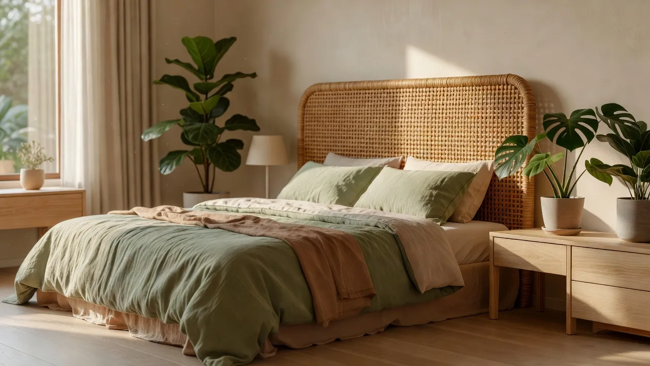 Um quarto biofílico fotorrealista com uma cabeceira em rattan, luz natural quente, plantas em vaso e roupa de cama em linho, gerado com design de interiores com IA