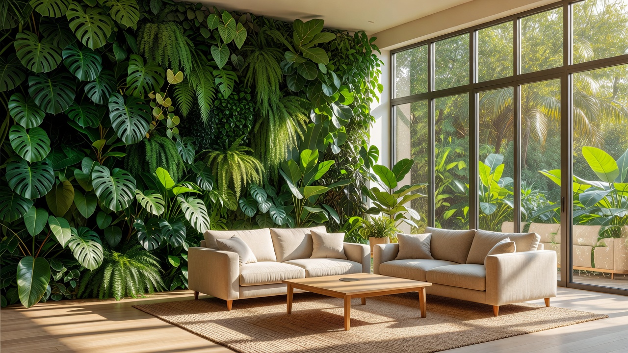 Ein fotorealistisches Wohnzimmer mit einer deckenhohen lebenden Pflanzenwand, großen unverstellten Fenstern und Möbeln aus natürlichem Leinen, erzeugt mit KI-Innenarchitektur