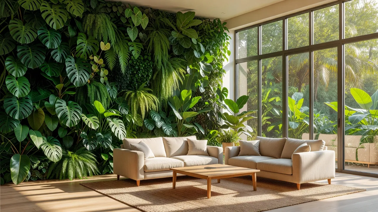 Uma sala de estar fotorrealista com uma parede de plantas vivas do chão ao teto, grandes janelas desobstruídas e mobiliário em linho natural, gerada com design de interiores com IA