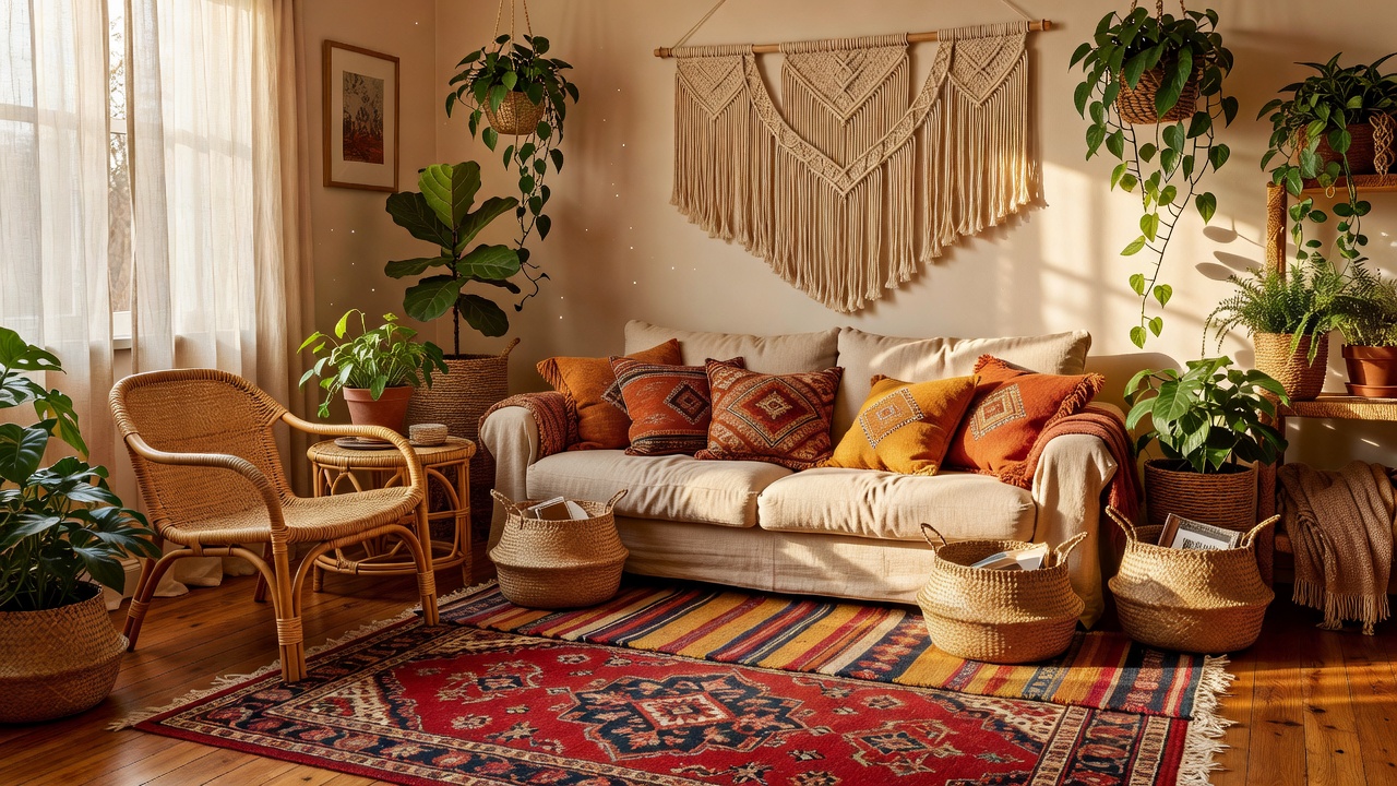 Sala boho com tapetes vintage em camadas, móveis em rattan, uma tapeçaria de macramê, almofadas estampadas em terracota e mostarda e abundantes plantas verdes desenhada com design de interiores com IA