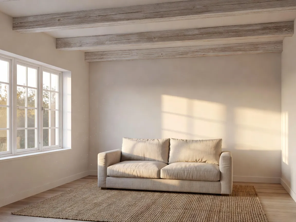 A photorealistic living room with whitewashed exposed wood ceiling beams, a neutral sofa, and warm natural light