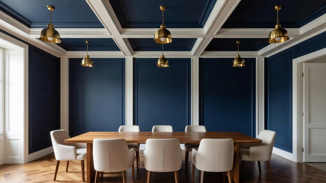 A photorealistic dining room with a coffered ceiling painted in deep navy, brass pendant lighting, and warm wood tones designed with an AI ceiling design visualizer