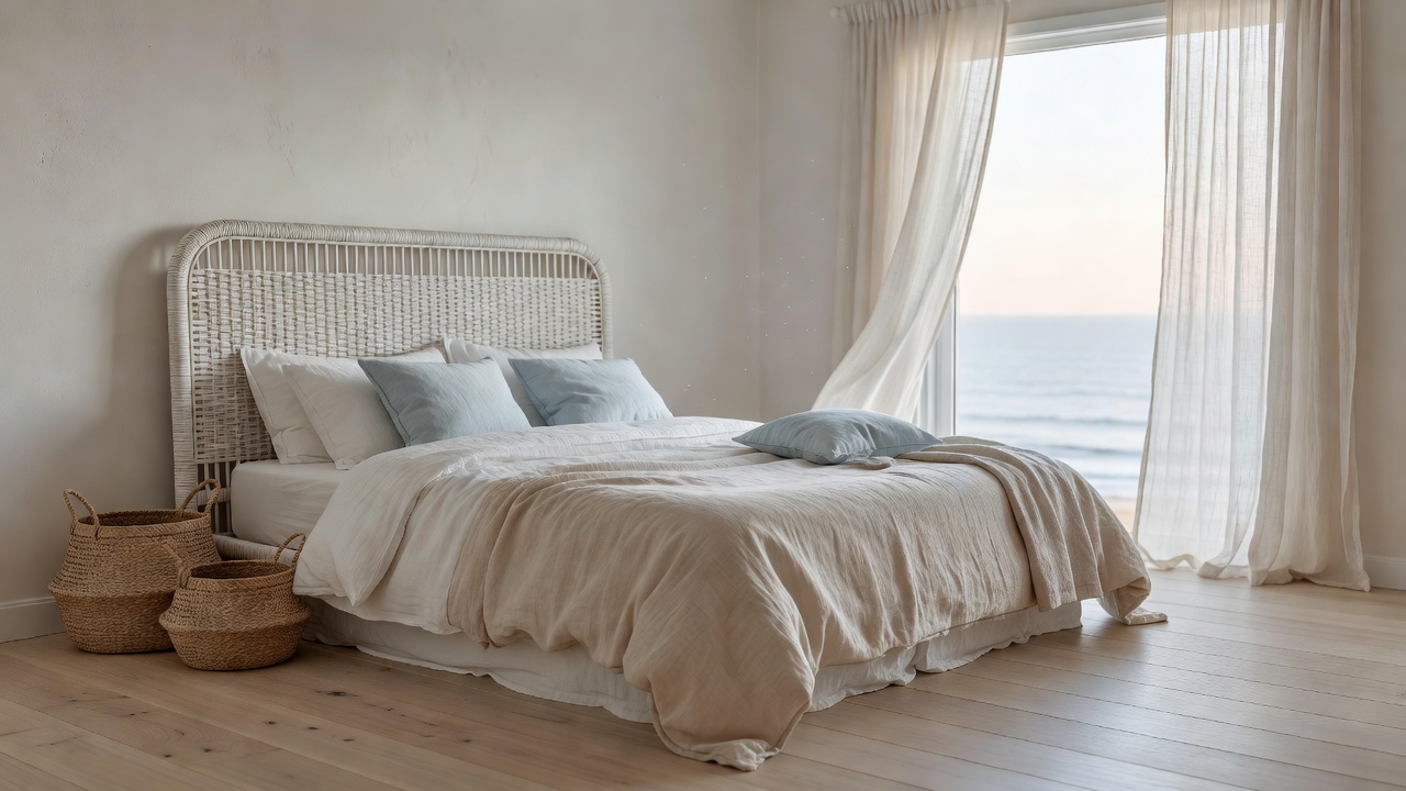 Mit KI gestaltetes Küsten-Schlafzimmer mit gekalktem Rattan-Kopfteil, weißer und sandiger Leinenbettwäsche, sanftblauen Akzenten und Morgenlicht