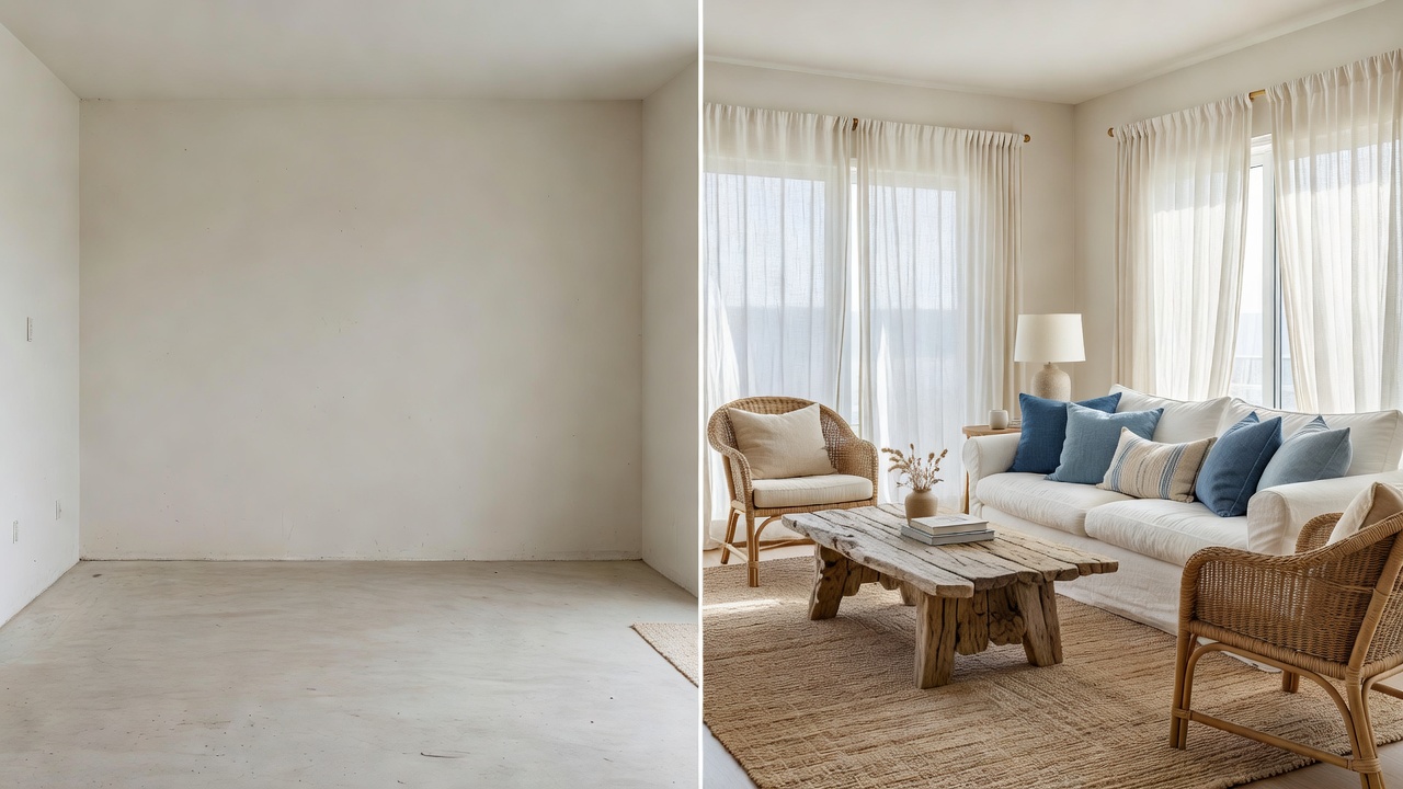 Küsten-Wohnzimmer Vorher-Nachher: ein schlichter Raum wird mit weißem Leinensofa, blauen Kissen, Juteteppich und Treibholz-Akzenten verwandelt