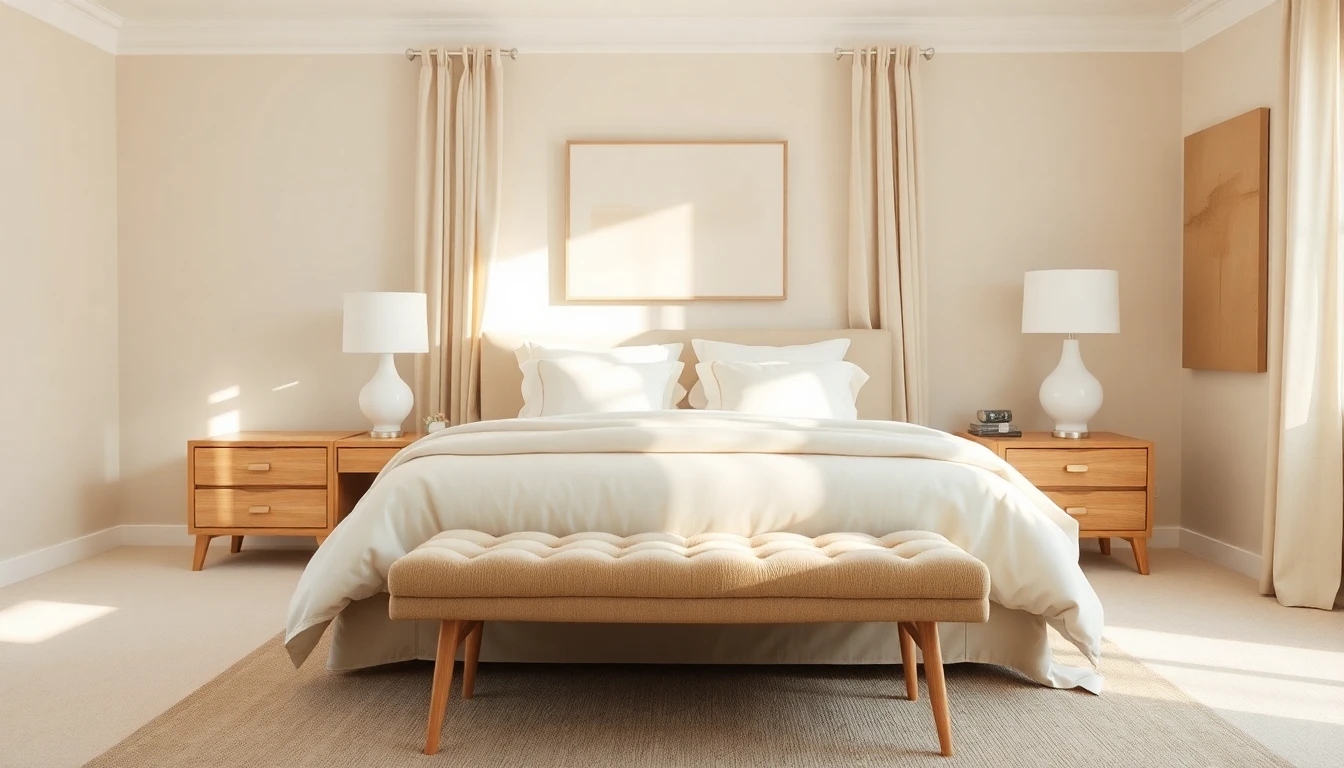 AI color palette showing a warm neutral bedroom with oat walls, cream bedding, oak nightstands, and serene soft morning light