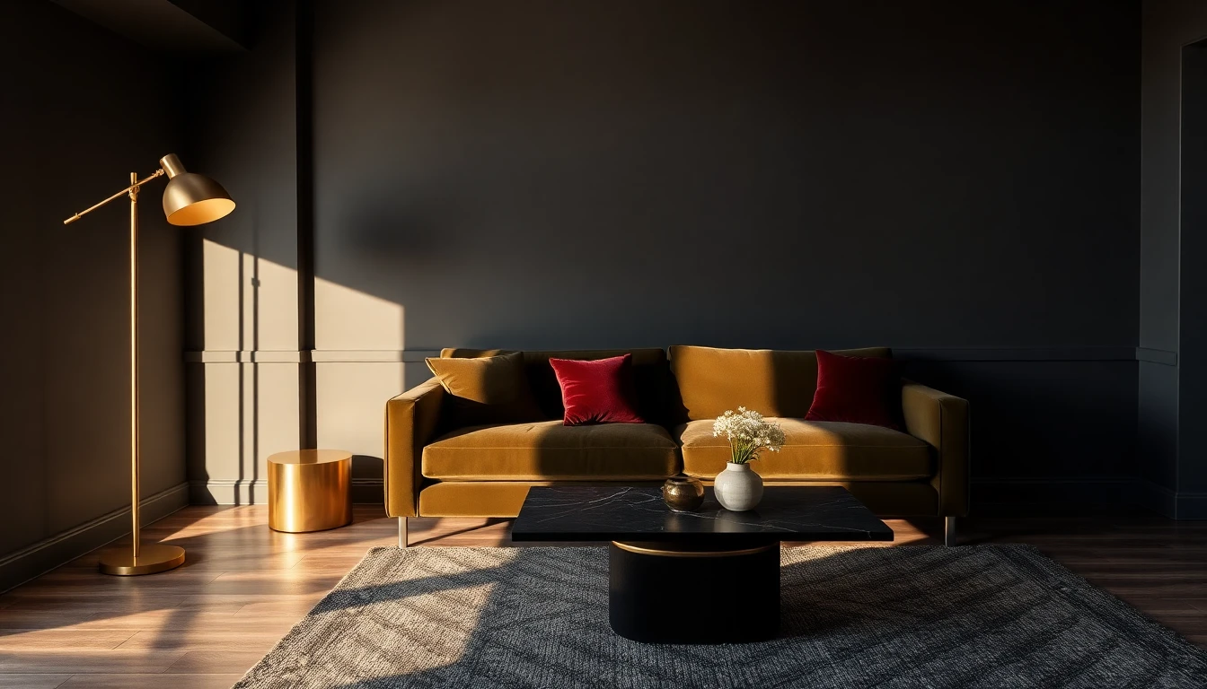 AI paint color showing an elegant living room in a moody dark palette with charcoal walls, dark olive velvet sofa, and brass floor lamp