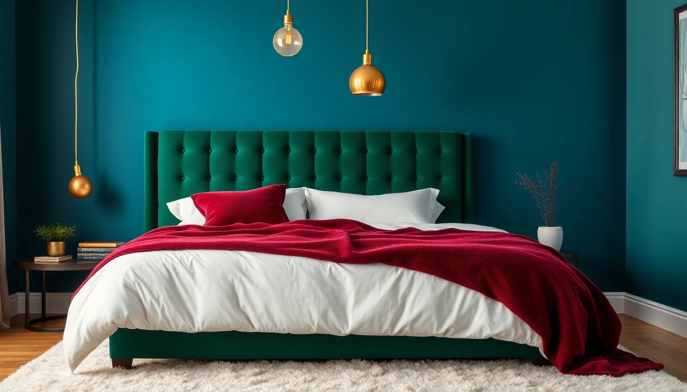 AI wall color showing a bedroom in jewel tone palette with emerald green velvet headboard, teal accent wall, and brass pendants