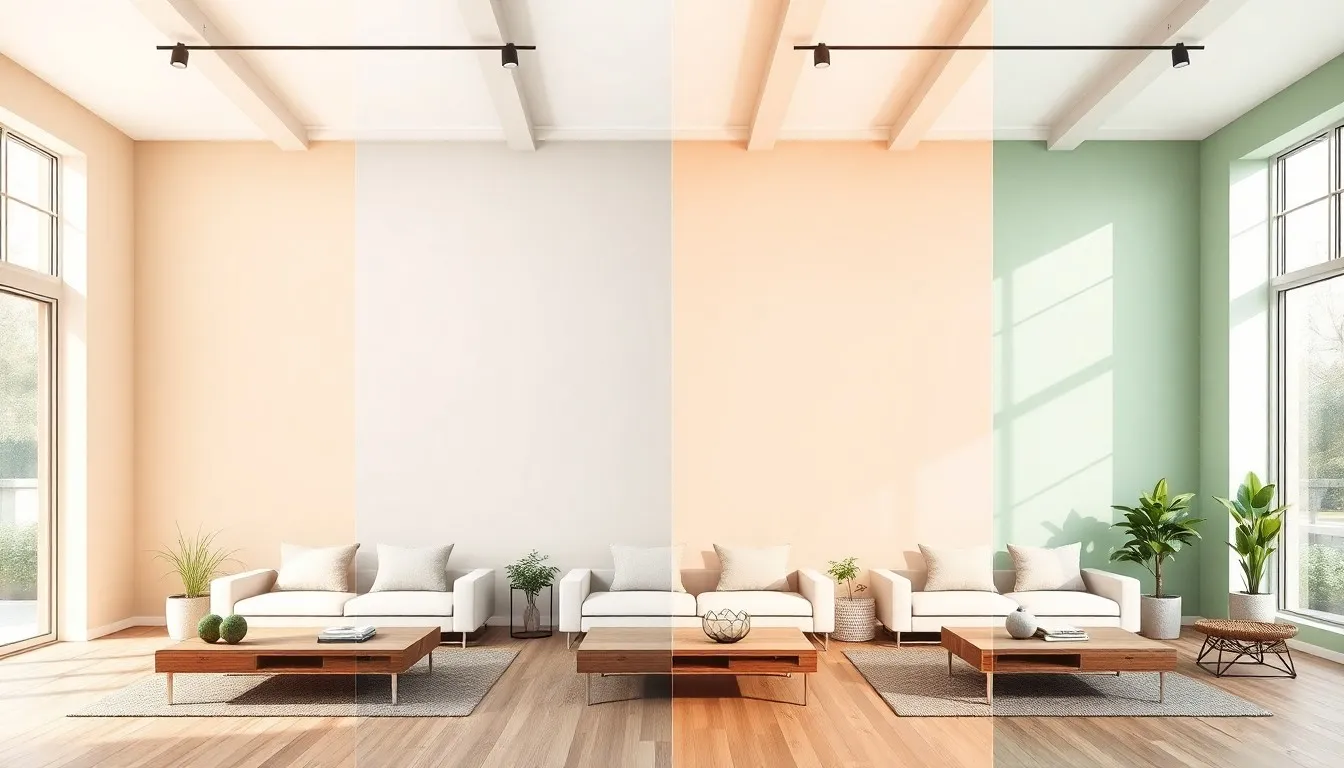 AI color palette generator showing multiple paint color schemes for modern living room interior design