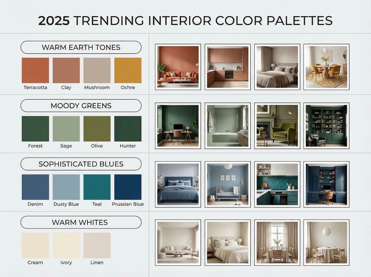 Grid showing 2025 trending interior design color palettes including earth tones, greens, blues, and warm whites