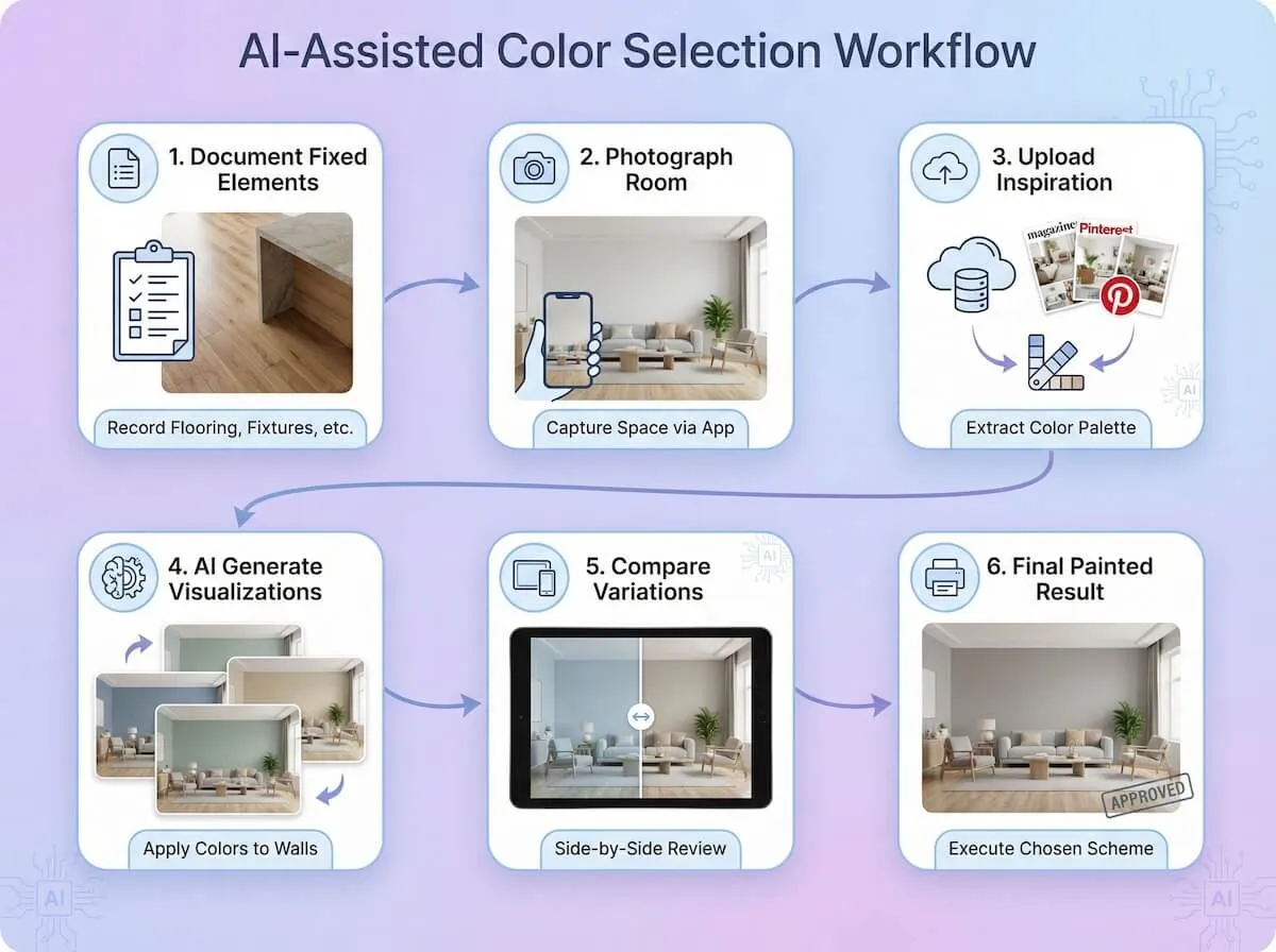 Step-by-step workflow showing AI color selection process from inspiration to final painted room