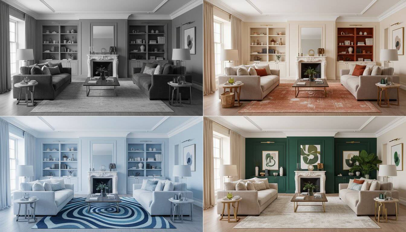 AI-generated visualization showing same living room in four different color schemes demonstrating the power of color transformation